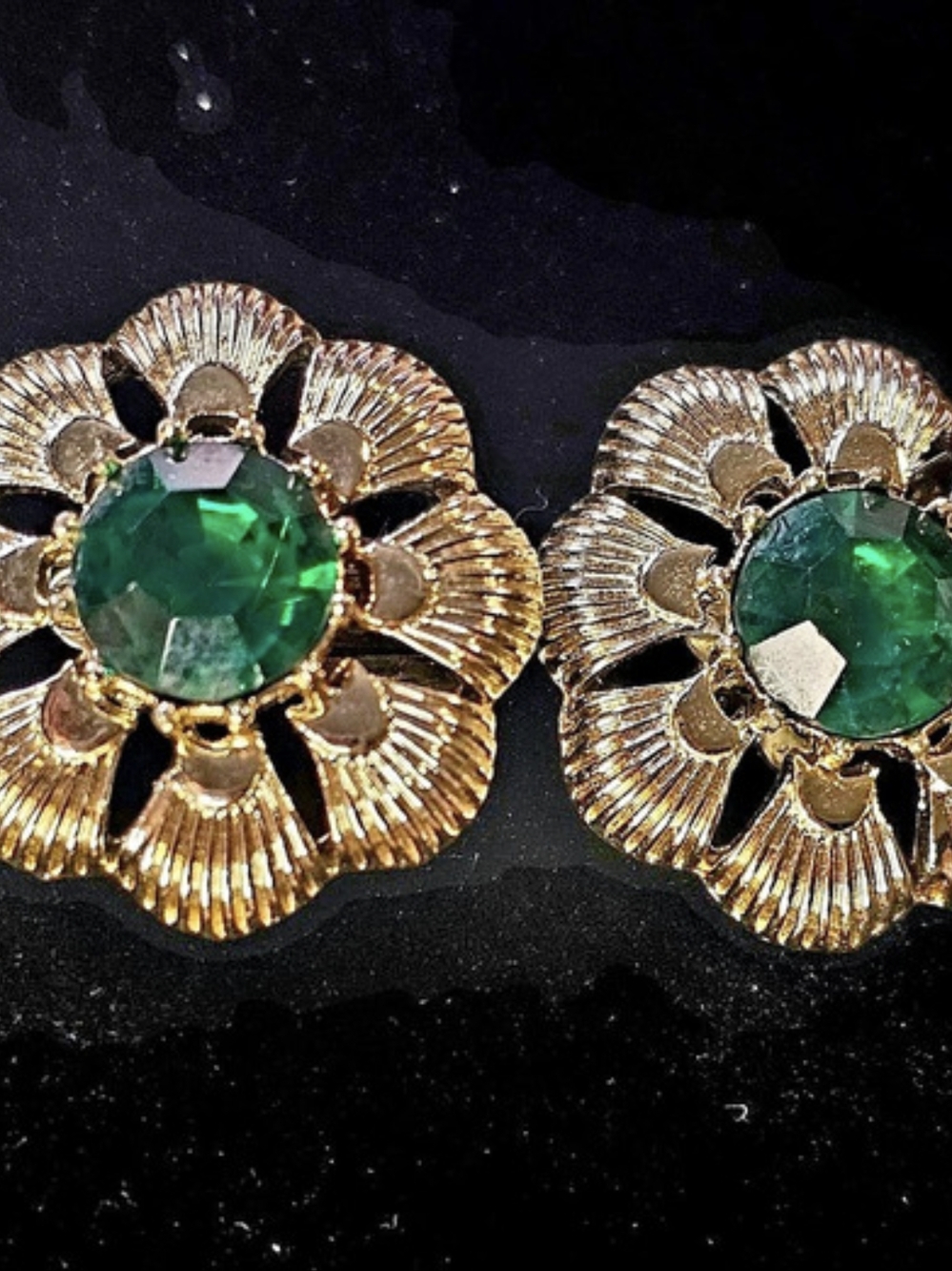 Vintage Green & Gold Floral Clip-On Earrings